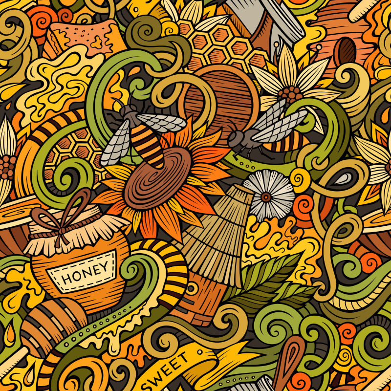 创意矢量蜜蜂元素装饰的涂鸦背景设计