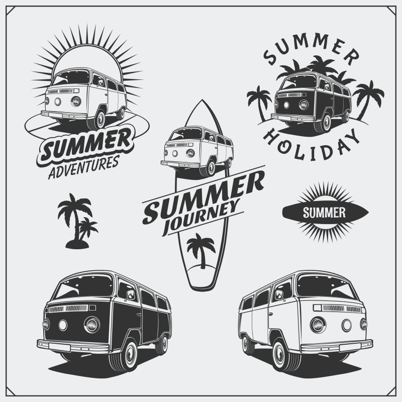 夏季巴士旅游标签标志和设计元素古典风格