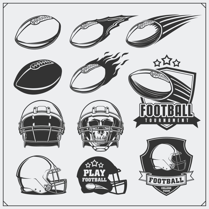 足球足球标签标志和设计元素球和头盔向量集单色设计