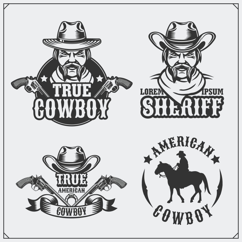 蛮荒的西部一套警长和牛仔老式徽章标签徽章和设计元素