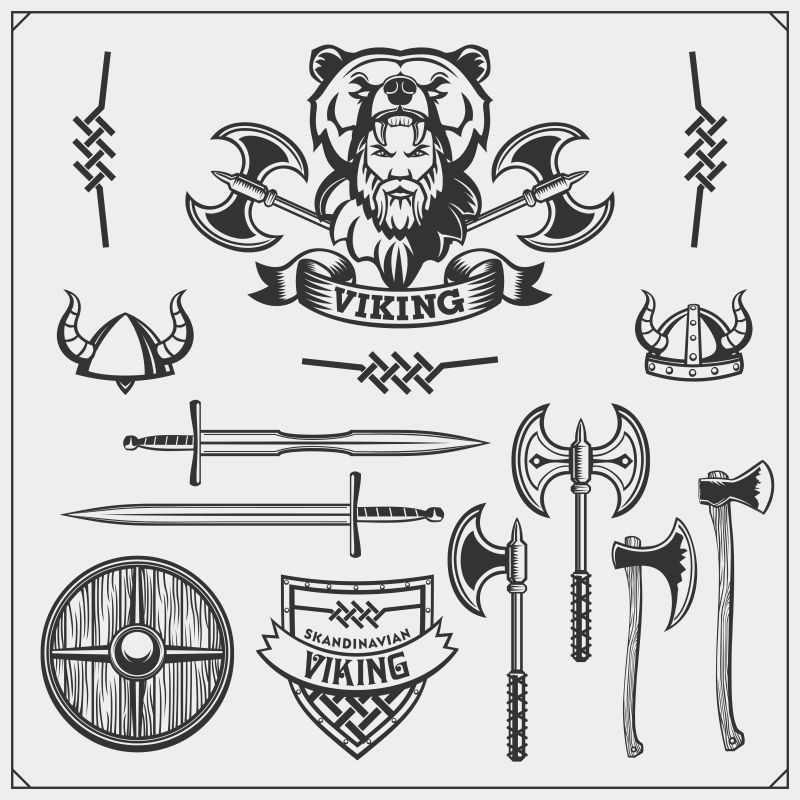 海盗队徽章角盔盾剑和斧古典风格