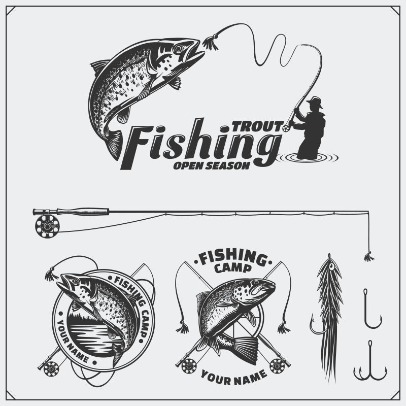 复古钓鱼标签徽章徽章和设计元素集老式风格的设计
