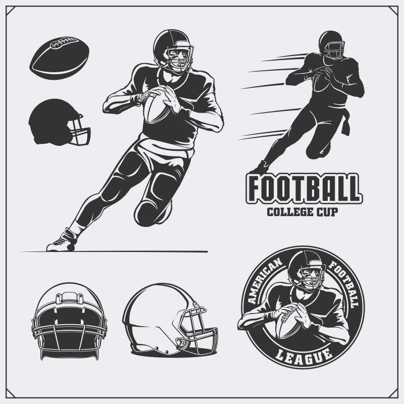美式足球的标签标志和设计元素足球运动员球和头盔