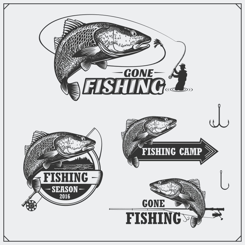 复古钓鱼标签徽章徽章和设计元素集老式风格的设计