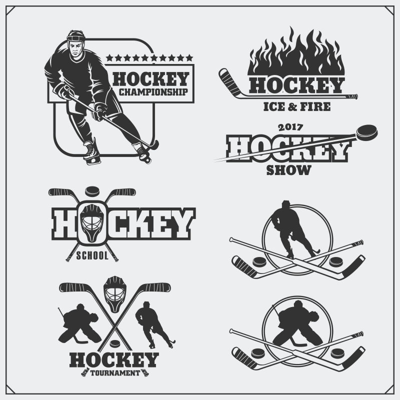 冰曲棍球标签徽章图标徽章和设计元素的集合