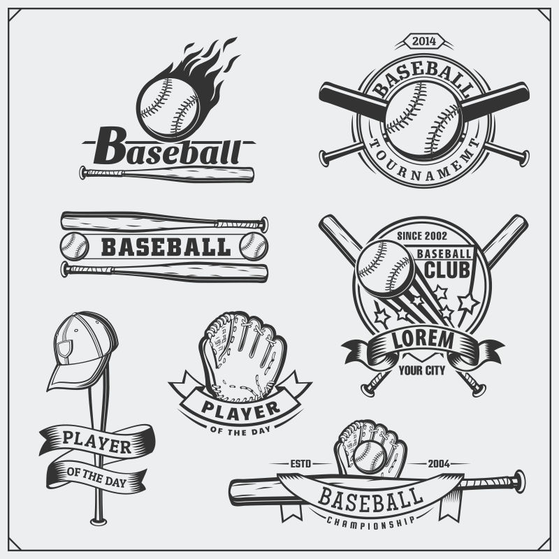 棒球俱乐部徽章标签和设计元素棒球运动员球头盔和蝙蝠棒球运动员球头盔手套和球棒