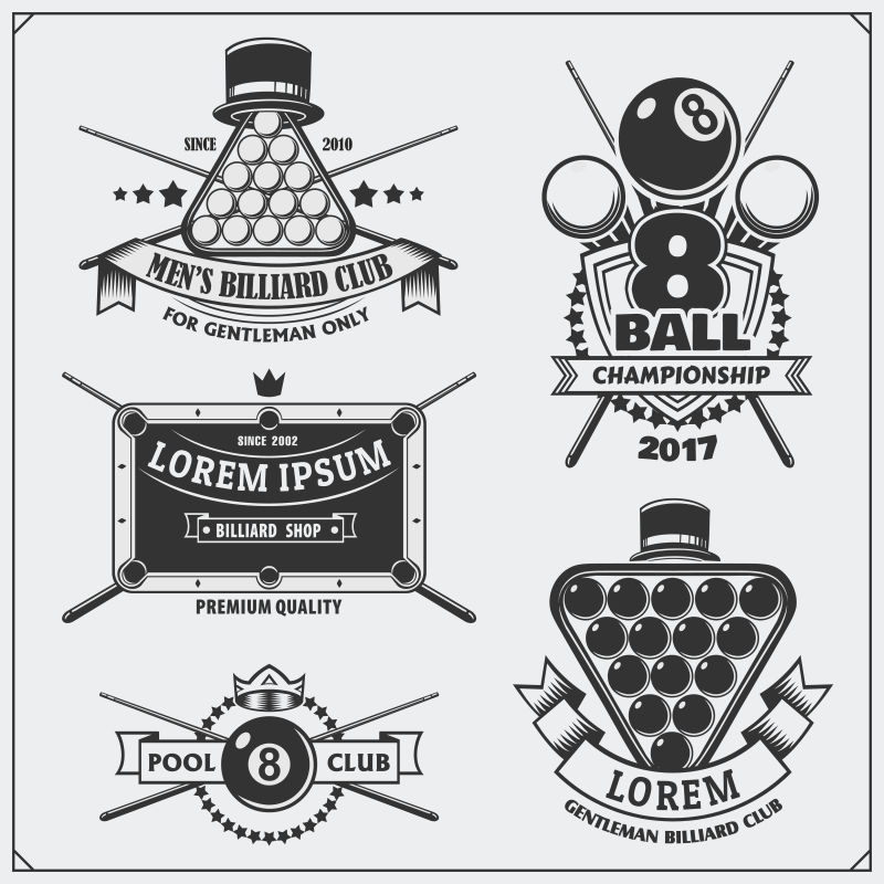 台球标签徽章徽章图标和设计元素的集合