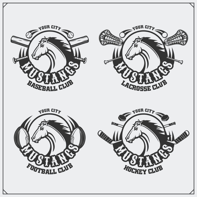 足球棒球曲棍球和曲棍球标志和标签体育俱乐部以马为标志