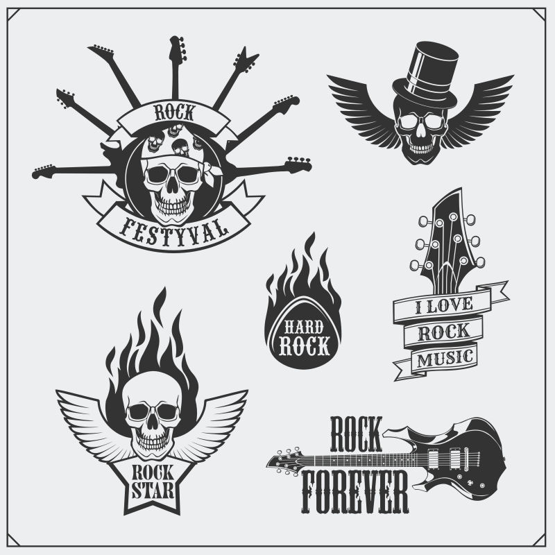 摇滚乐的音乐符号标签标志和设计元素