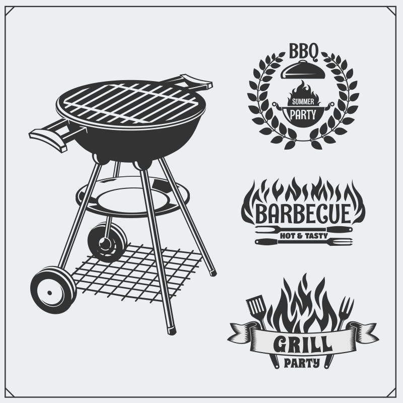 烧烤和烧烤标签设置烧烤徽章和徽章矢量单色插图