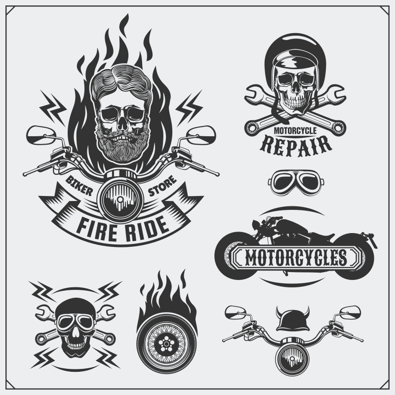 复古摩托车标签徽章徽章和设计元素的集合古典风格单色设计