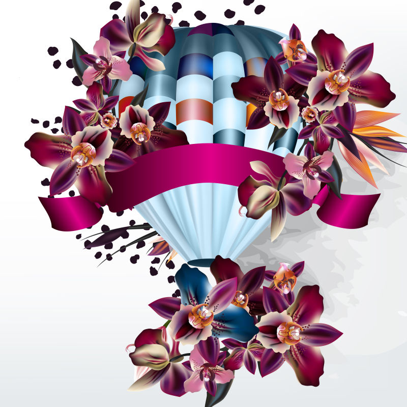 抽象矢量美丽花卉元素的热气球插图设计