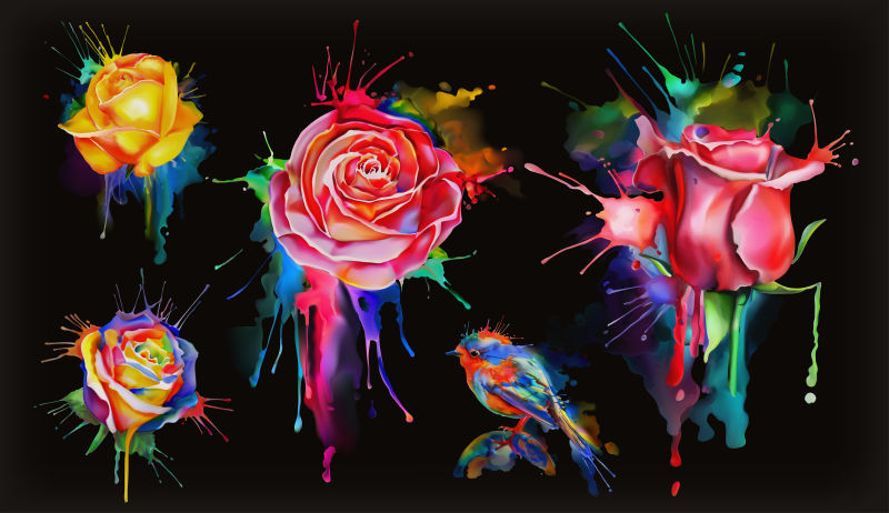 创意矢量现代彩色玫瑰水彩插图设计