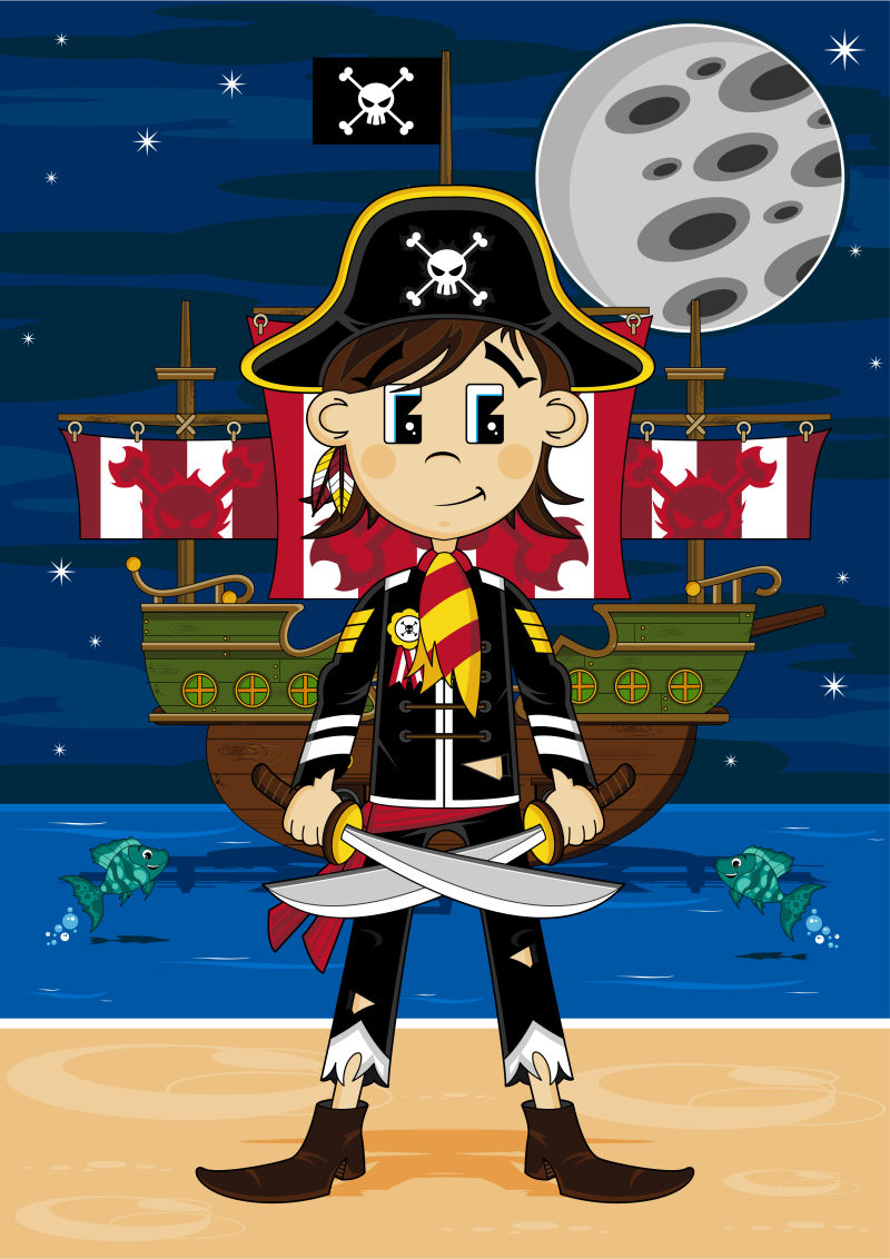 可爱的卡通海盗和船