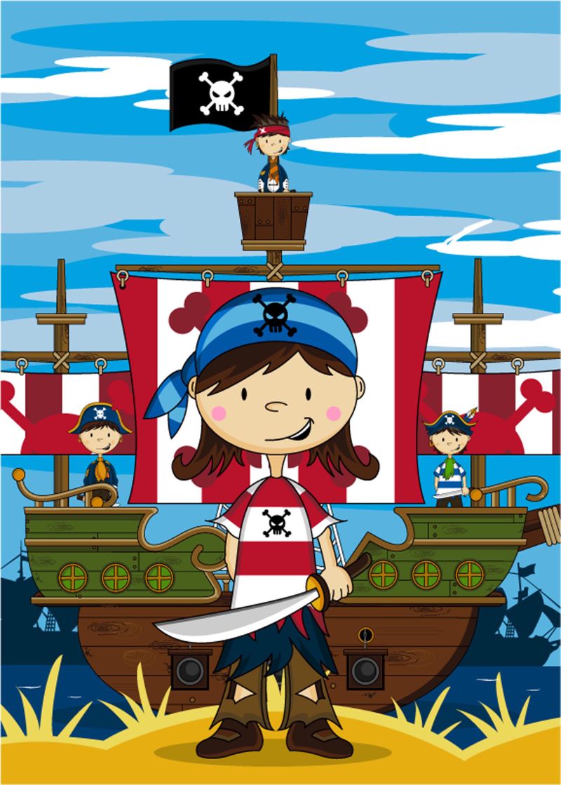 可爱的海盗女孩和船
