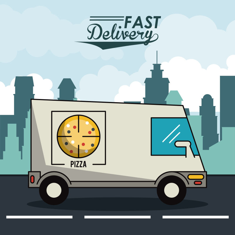 抽象矢量现代送披萨的送货卡车插图设计