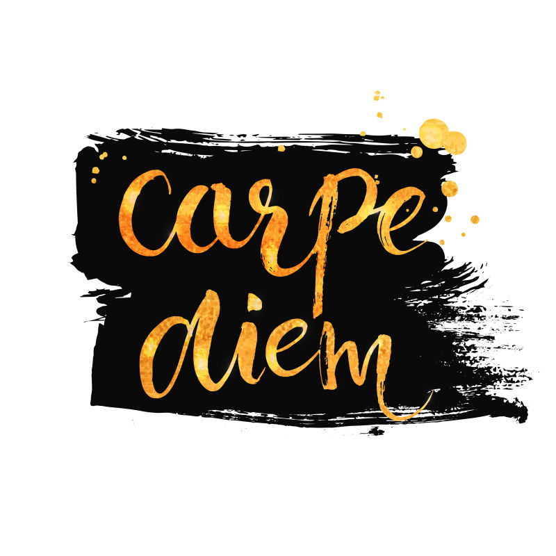 Carpe diim-拉丁语短语意味着抓住时机灵感来源于手写的笔刷和金色的油漆在干刷黑色墨水笔画矢量书法艺术