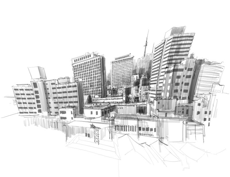 创意矢量手绘城市建筑插图设计