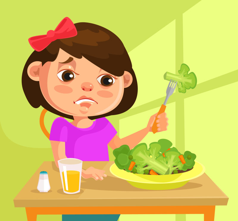 小女孩性格不想吃花椰菜-矢量平面卡通插图