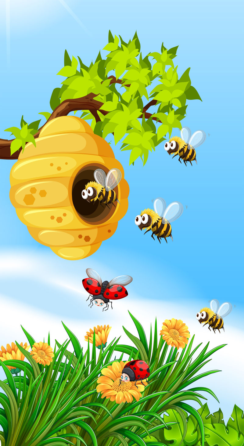 抽象矢量现代飞舞的蜜蜂插图设计