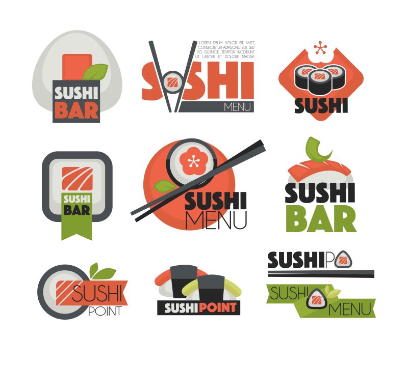 寿司吧或日本餐厅筷子矢量扁平标签模板