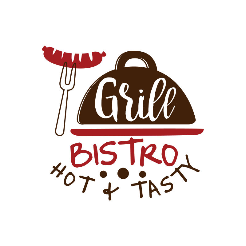 烧烤BiSTRO热美味的标志模板手绘彩色矢量插图