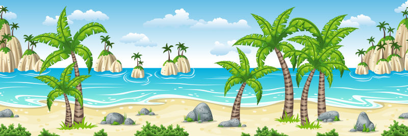 带棕榈树的热带海岸景观插图-全景图