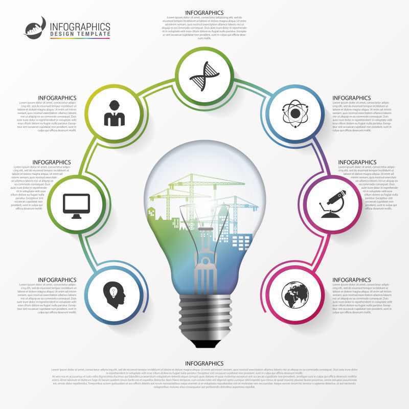 创意矢量现代灯泡元素的彩色信息图表设计