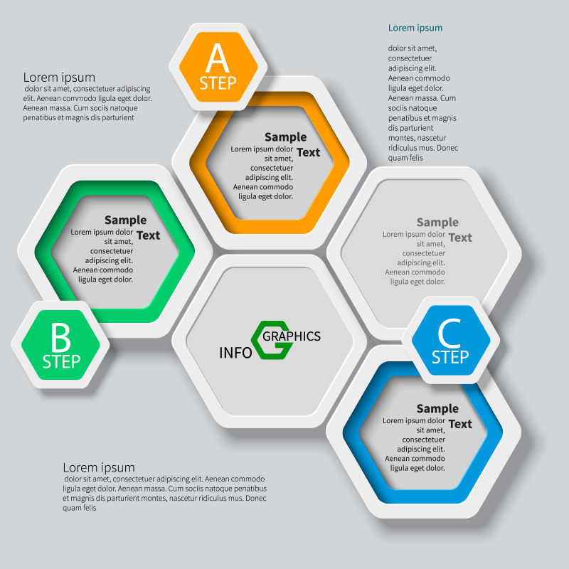 抽象矢量现代六边形元素的平面信息图表设计