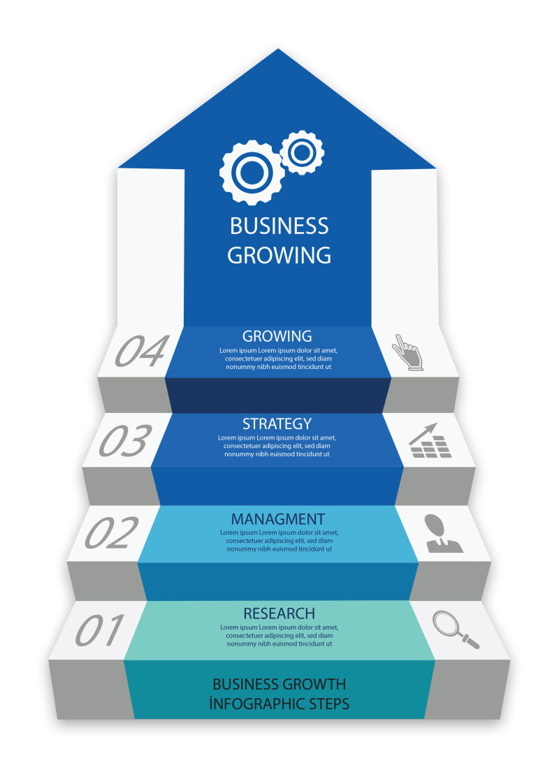 抽象矢量蓝色立体阶梯箭头信息图表设计