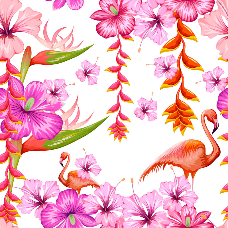 创意矢量现代热带花卉和火烈鸟插图设计