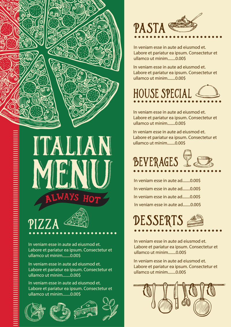 创意矢量手绘风格的意大利餐厅菜单设计 