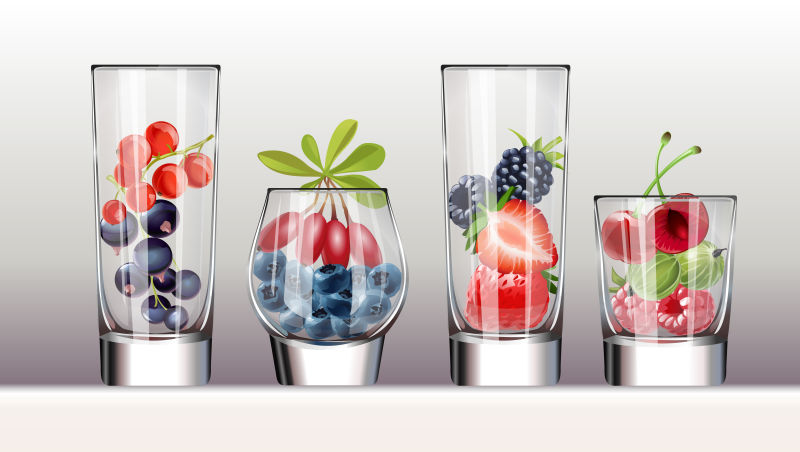 矢量杯子中的各种浆果插图