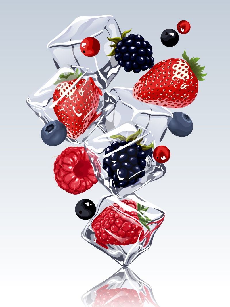 抽象矢量冰块和新鲜浆果设计插图