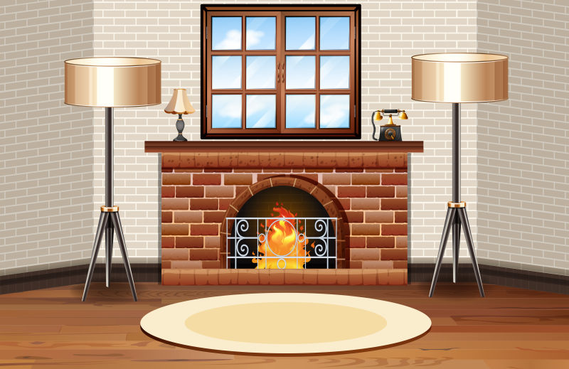 创意矢量现代有壁炉的客厅插图设计