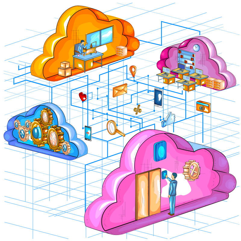 抽象矢量云计算网络主题的等距插图设计