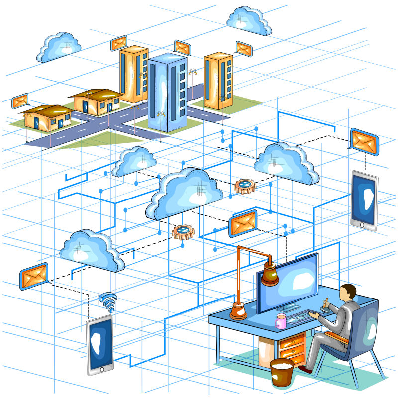 抽象矢量现代云网络计算主题等距插图