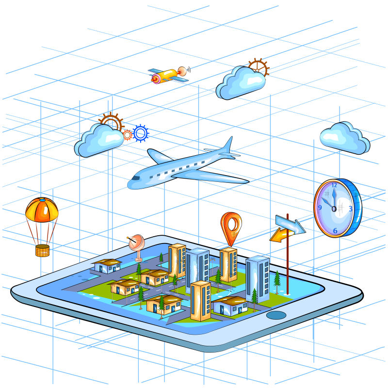 抽象矢量现代全球定位主题等距插图设计