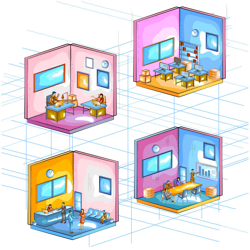 抽象矢量办公室主题等距插图设计
