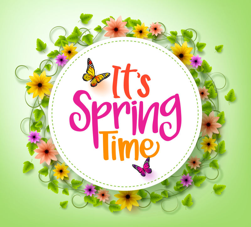 春天的时间在一个白色的圆圈里有Colorful Flowers的花环藤蔓和树叶绿色的蝴蝶三维现实矢量插图