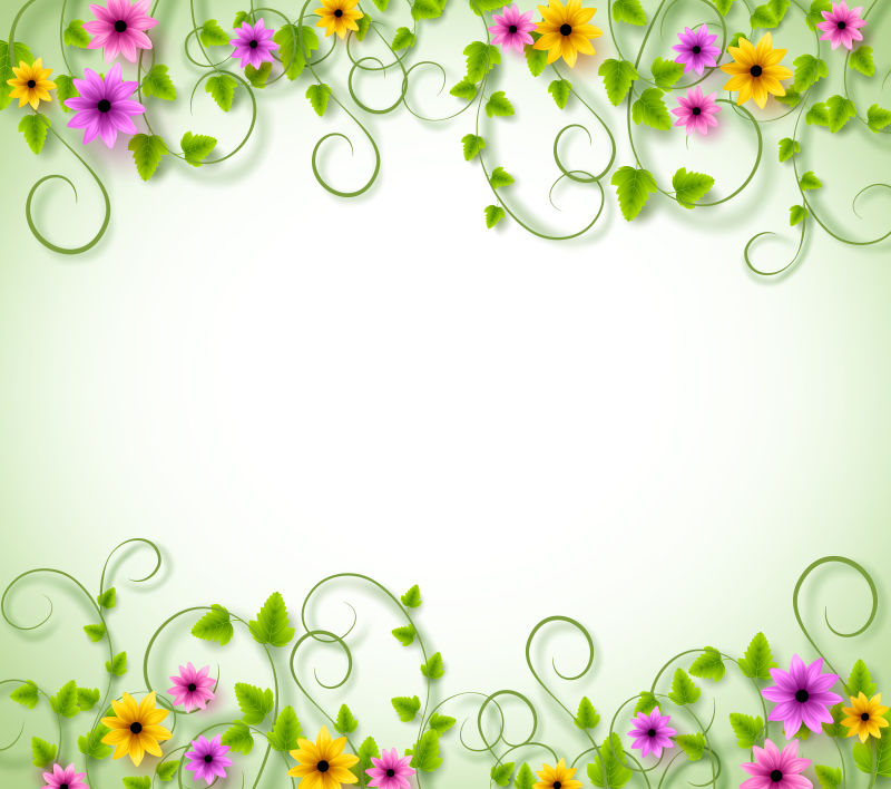 春天的藤蔓背景色彩鲜艳的花朵和树叶有文字的空间矢量插图