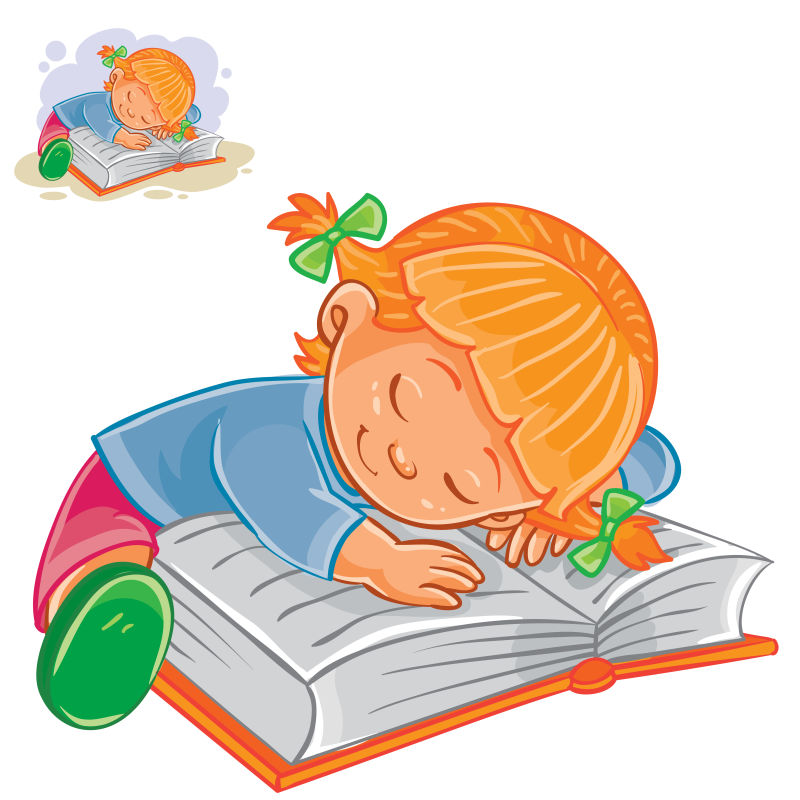 创意矢量看书睡着的孩子平面插图设计