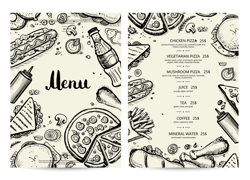 抽象矢量现代手绘风格的餐厅菜单设计