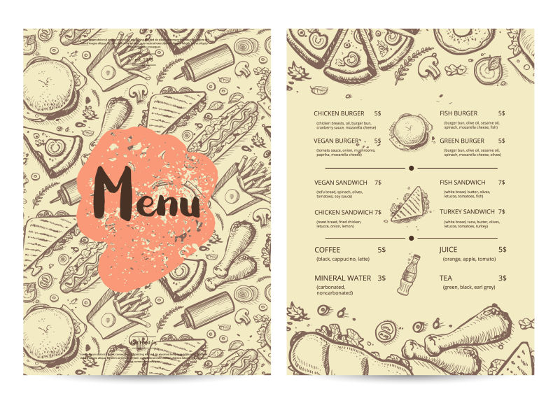 创意矢量手绘风格的时尚餐厅菜单设计