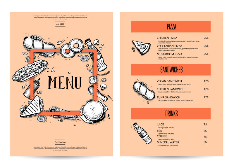 创意矢量现代手绘风格的时尚餐厅菜单设计