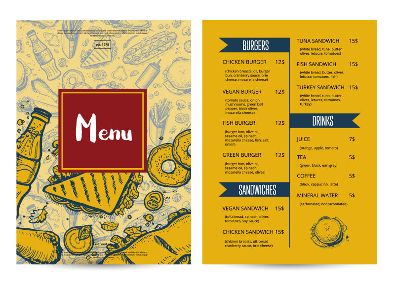创意矢量现代手绘复古餐厅菜单设计