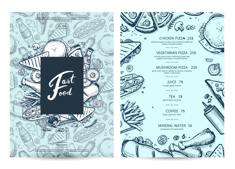 创意矢量现代蓝色主题的餐厅菜单设计