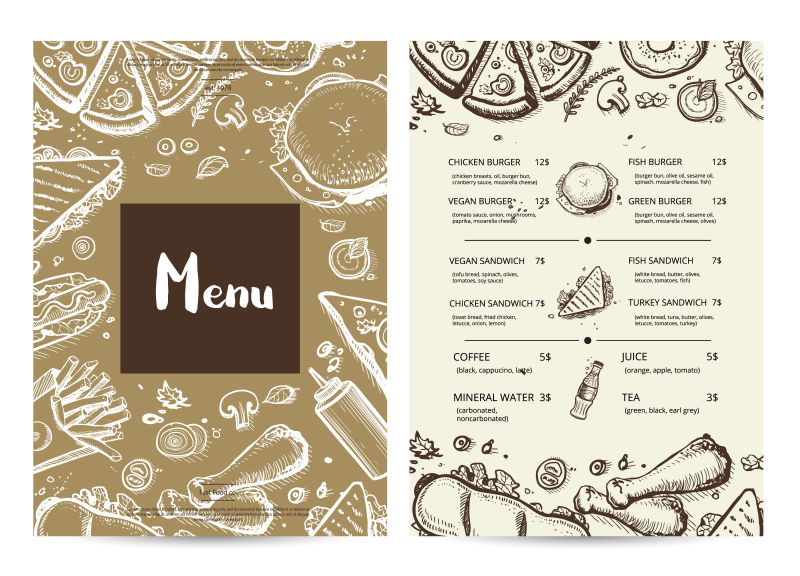 创意矢量现代手绘风格的快餐菜单设计