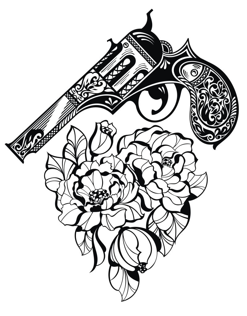 创意矢量枪与玫瑰主题纹身图案设计