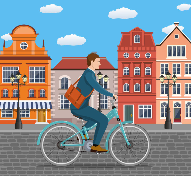 创意矢量现代骑自行车的商人平面插图